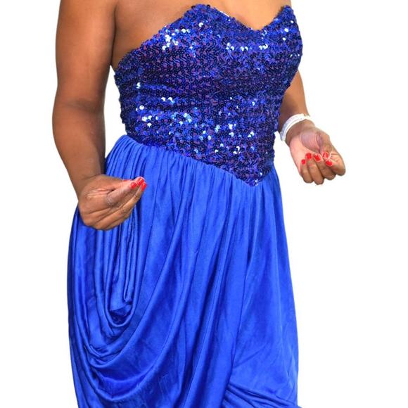 Sequin Draped Jumpsuit Vintage Blue Harem Strapless Sweetheart Pant Size Small - Picture 3 of 16